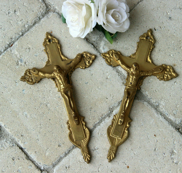 PAIR antique French Bronze Crucifix Crosses religious