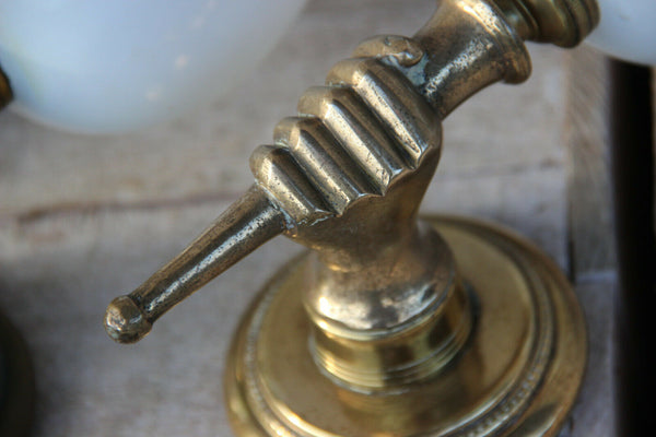 PAIR mid century Maison jansen bronze hand sconces wall lights opaline shades
