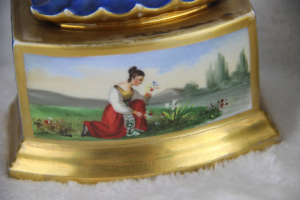 RARE PAIR antique 19thc Vieux paris porcelain scenes floral  Vases swan handles