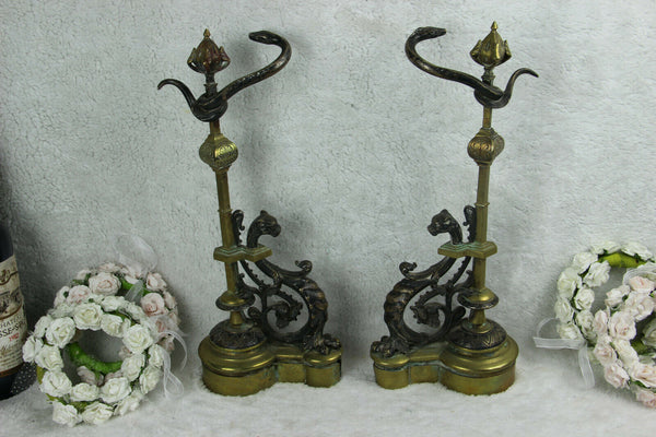 PAIR antique French bronze fireplace andirons Dragon gothic snake Figural
