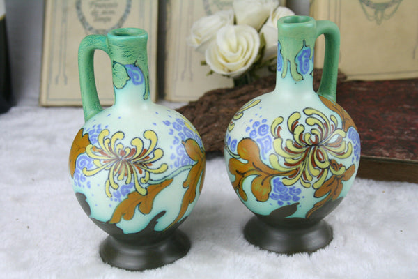 1920's Gouda Schoonhoven pottery Ceramic floral vases PAIR marked