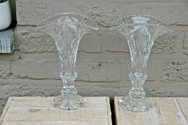 PAIR bohemian  clear crystal glass vase floral decor 1960