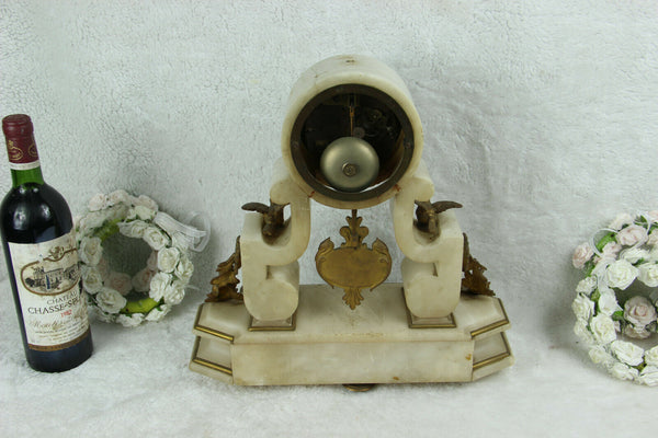 Antique French alabast marble clock bronze birds sevres putti porcelain plaques