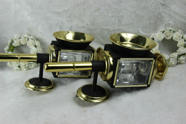 PAIR vintage Wall sconces Carriage coach lamps glass metal England 1970