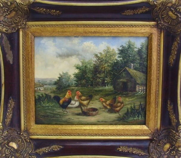 Flemish school oil panel chicken painting 1950's signed