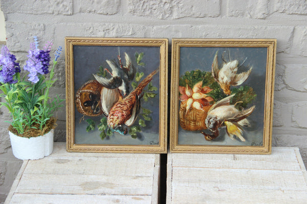 Antique pair oil panel French painting Still life hunting trophy patridge bird