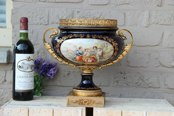 French Porcelain cobalt blue Victorian romantic scene bowl centerpiece