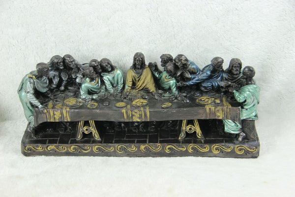 Antique large French chalkware polychrome last supper statue religious