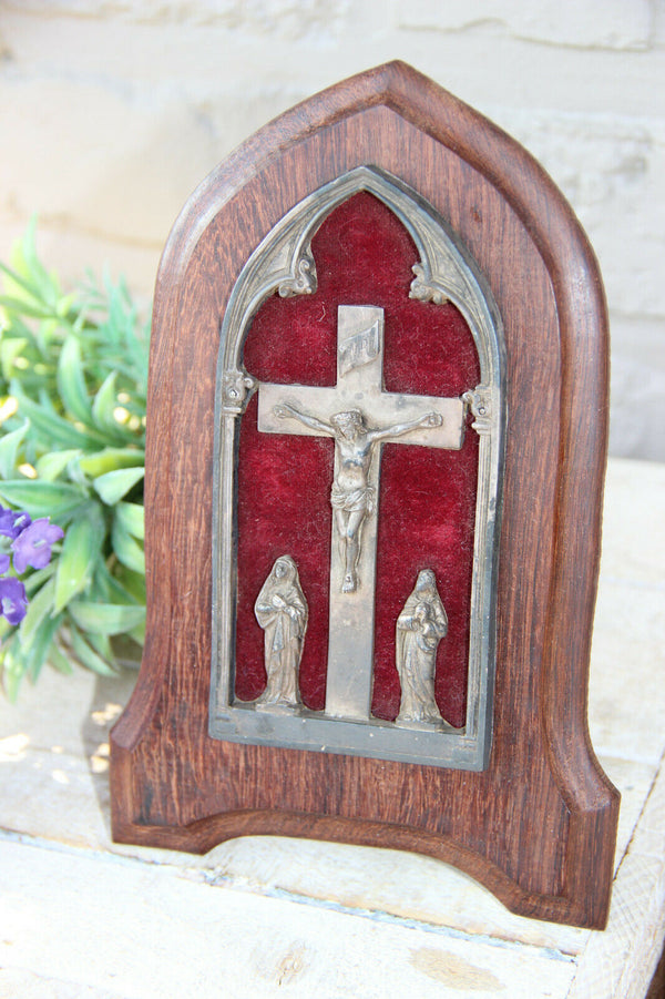 Antique French crucifix wood framed mary maria magdalena religious