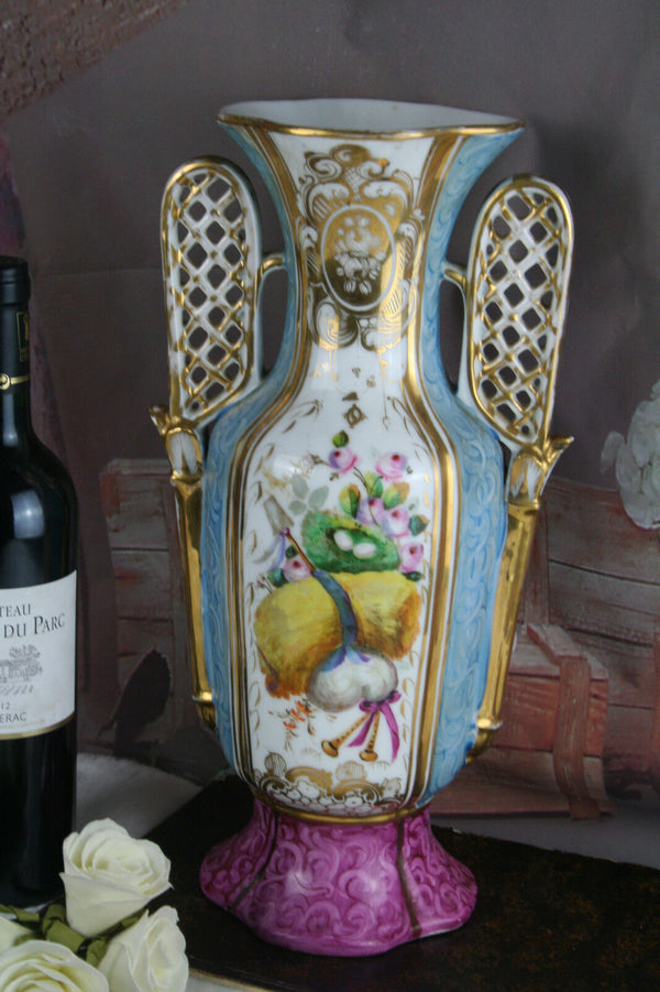 Large French Old vieux paris porcelain Vase poychrome decor 1900