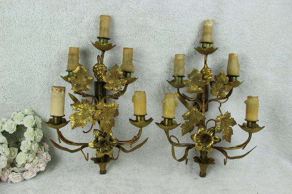 Antique Religious church french wall lights sconces brass metal flowers