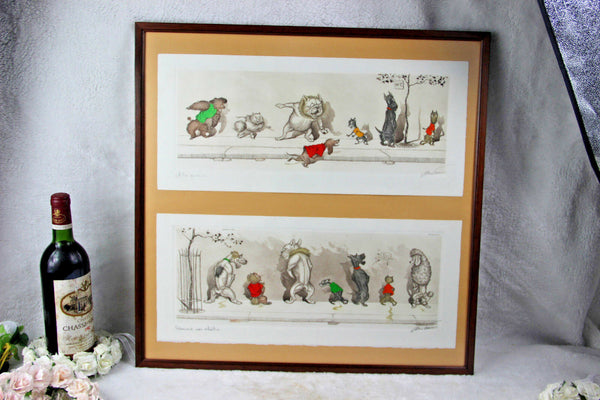 Framed set 2 Boris O Klein hand paint watercolour dog engravings