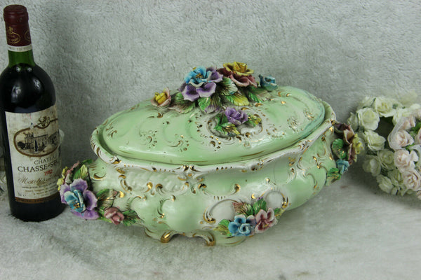 Huge italian Majolica centerpiece lidded bowl relief flowers