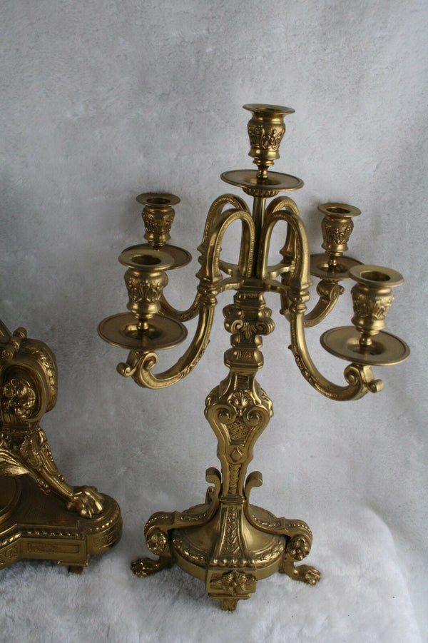 French Vintage Bronze clock candelabras eagle / lion paw unusual set FHS movemen