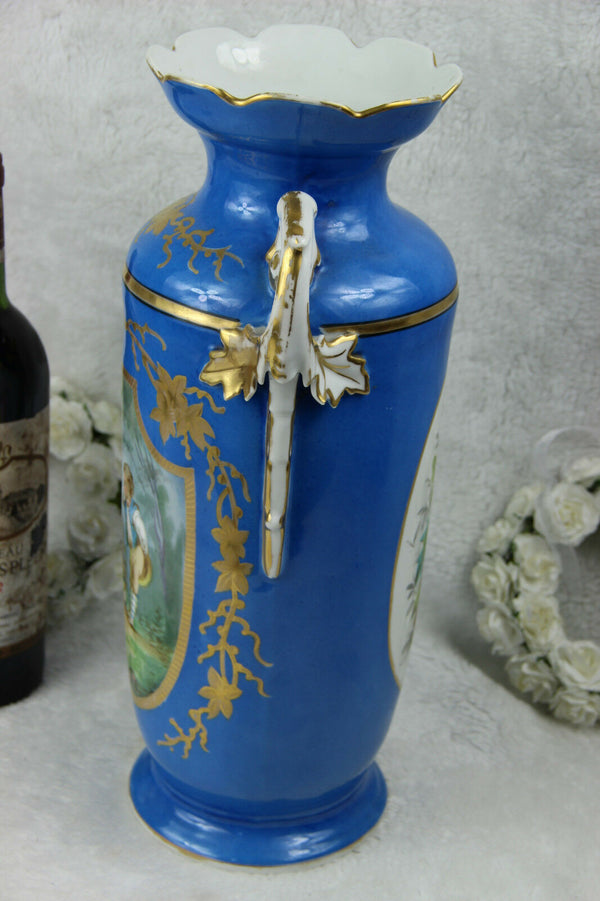 Antique French 19thc vase Vieux paris porcelain sevres blue colour romantic