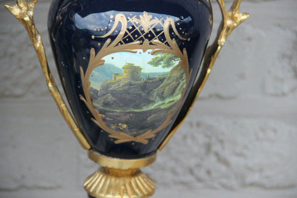 PAIR French Limoges cobalt blue porcelain Vases Landscape romantic scene