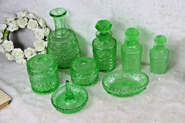Antique Val Saint Lambert 8 Piece Apple Green Crystal Glass vanity Dresser Set