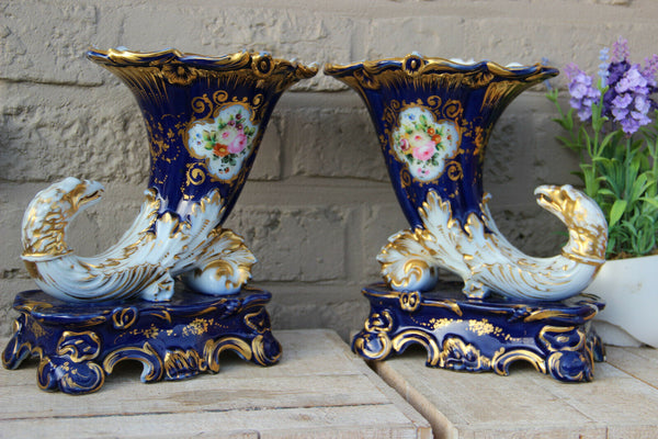 Antique french pair Vieux paris porcelain floral  eagle head bird attr j petit