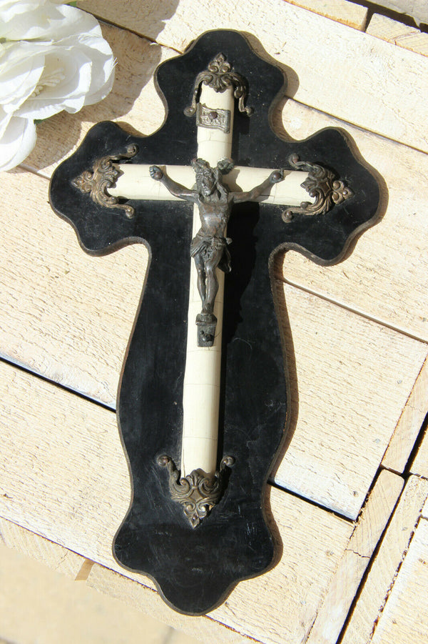 Antique French religious Crucifix cross christ wood black lacquered napoleon III