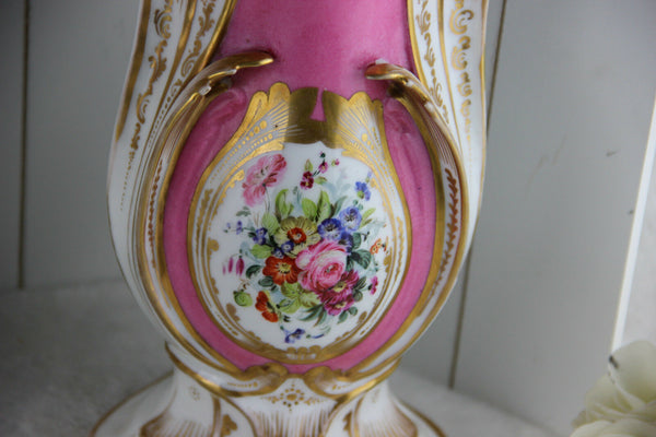 PAIR French antique 1900 Vieux paris top porcelain Vases hand paint floral decor