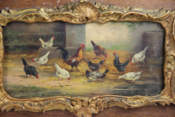 PAIR antique 19thc French oil panel painting chicken rooster farm louis XVI