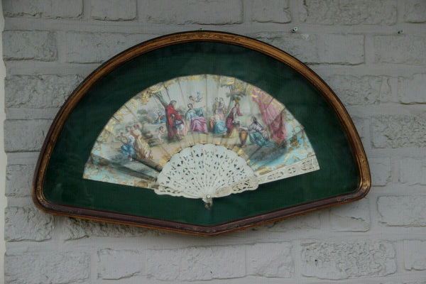 Antique 19thc Victorian hand paint fan wood frame glass putti angel scene