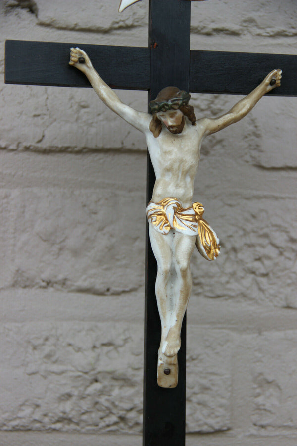 Antique 19thc french vieux paris porcelain Holy water font crucifix magdalena