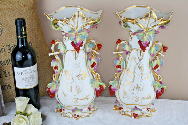 Antique 19thC PAIR vieux paris porcelain floral decor Vases