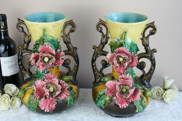 PAIR Art nouveau barbotine majolica floral decor Vases 1900 French