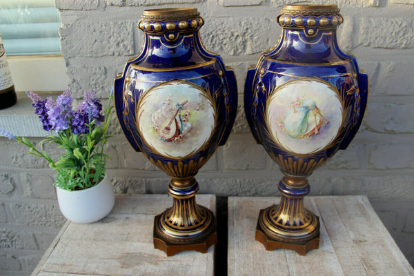 Antique PAIR french putti angels porcelain Blue Vases 19th c