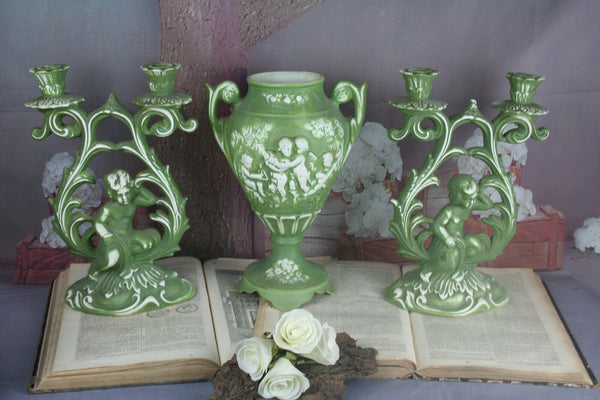 Set of 3 French Porcelain bisque Green PAIR Candle holder & vase putti cherub