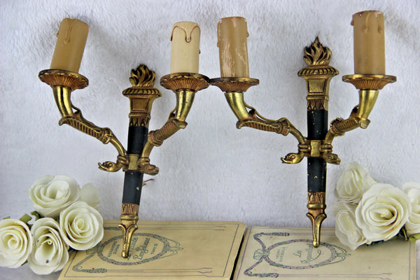 PAIR french empire Brass metal swan arms wall lights sconces 1950's