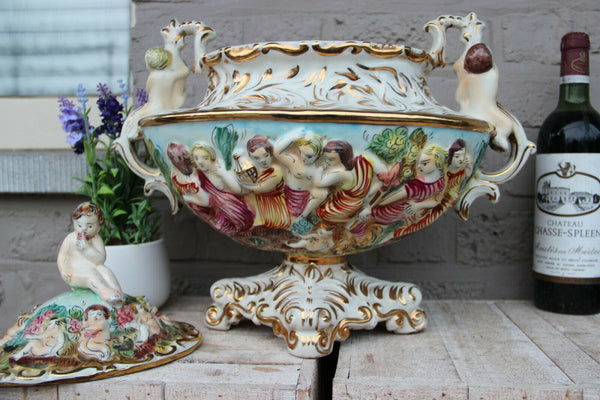 huge italian capodimonte marked porcelain centerpiece lidded bowl vase putti