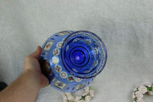 Antique Bohemian Moser enamel blue glass coupe centerpiece bowl flowers