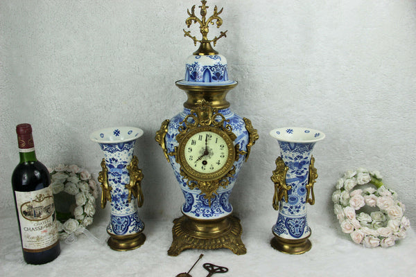 ANTIQUE BOCH Delft blue white pottery bird  pottery Clock Vases lion heads mark