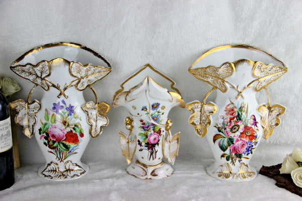 Antique French vieux old paris porcelain Vases set of 3 Floral hand paint decor