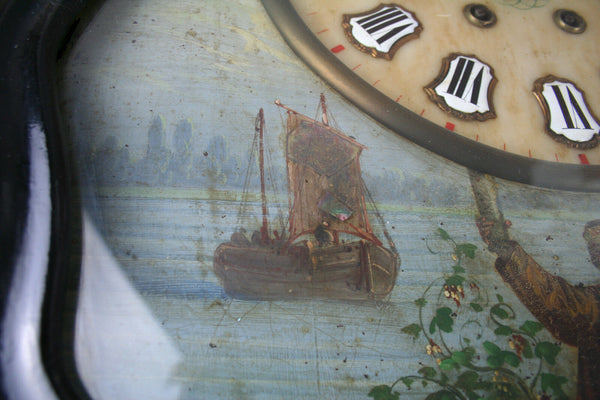 French ' Oeil de boeuf' wall clock 1880 oil on copper marine painting rare
