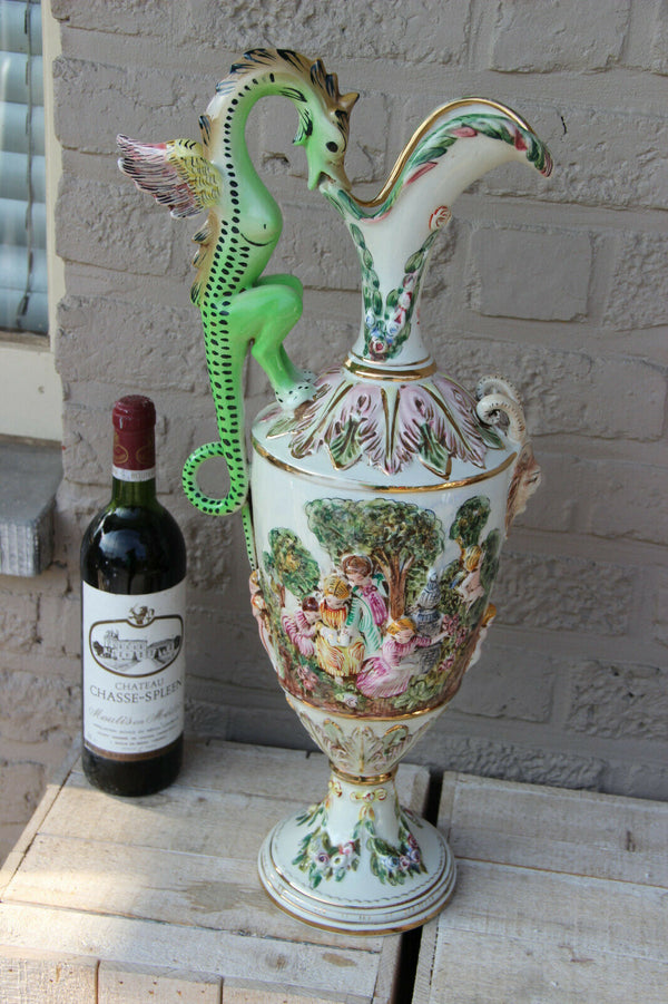 Rare Italian Capodimonte marked porcelain Ewer pitcher vase putti dragon gothic