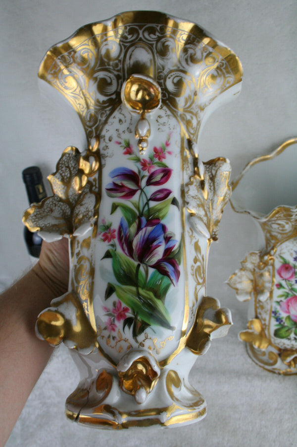 PAIR 19th c Vieux paris porcelain hand paint floral decor Vases Cornet