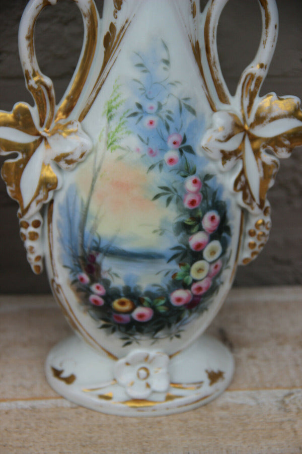 PAIR antique vieux paris porcelain  hand paint floral porcelain vases