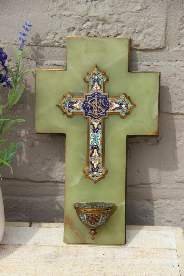 Antique religious Cloisonne enamel onyx marble holy water font crucifix