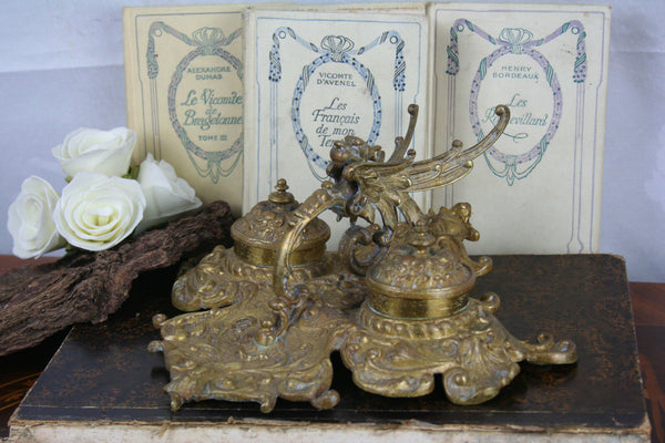 Exclusive gothic Dragon chimaera 1900 French Art nouveau inkwell Devil satyr