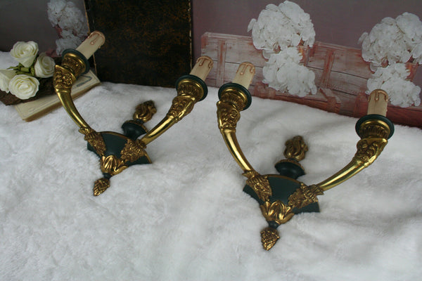 PAIR large FRench Empire Satyr heads green brass bronze sonces  wall lights 1920