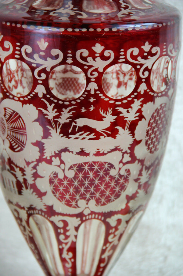Huge Bohemian Czech crystall art glass etched Hunting dog deer ruby red vase