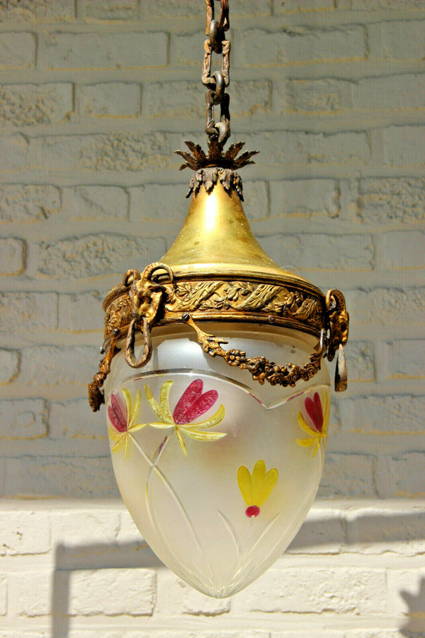 Antique French Lantern Pendant chandelier bronze ram heads enamel glass shade