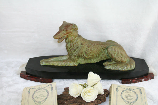 XL ART DECO 1930 French Whippet greyhound Spelter green bronze patina marble