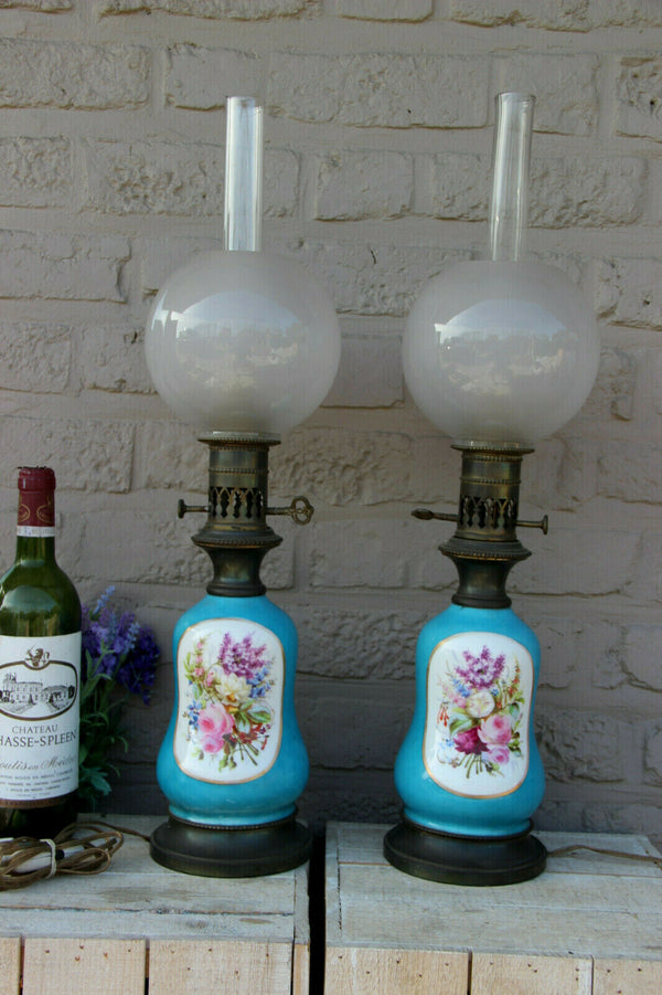 PAIR antique French vieux paris porcelain floral hand paint oil lamps electrifie