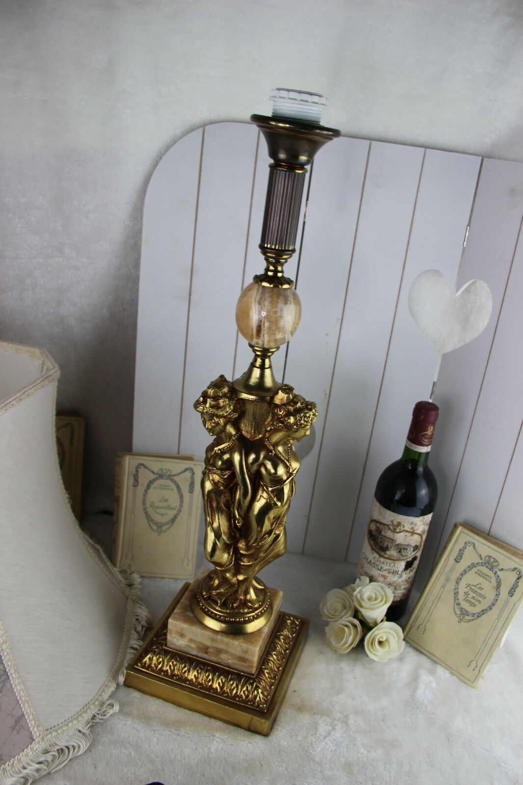 Huge Vintage 1960 French brass onyx Table lamp 3 Graces lady