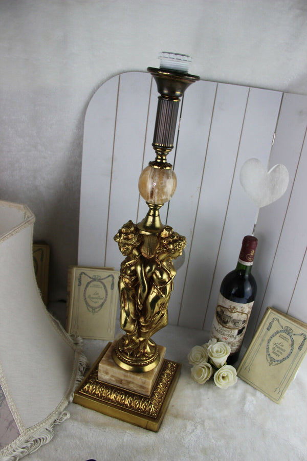 Huge Vintage 1960 French brass onyx Table lamp 3 Graces lady figurines