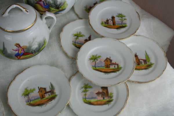 French porcelain Tea pot sugar bowl with 15 plates castle decor Tableware set